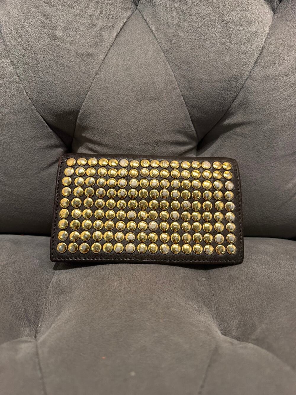 Bimba y Lola Studded Leather Continental Wallet Olive Green Brown Flap Purse